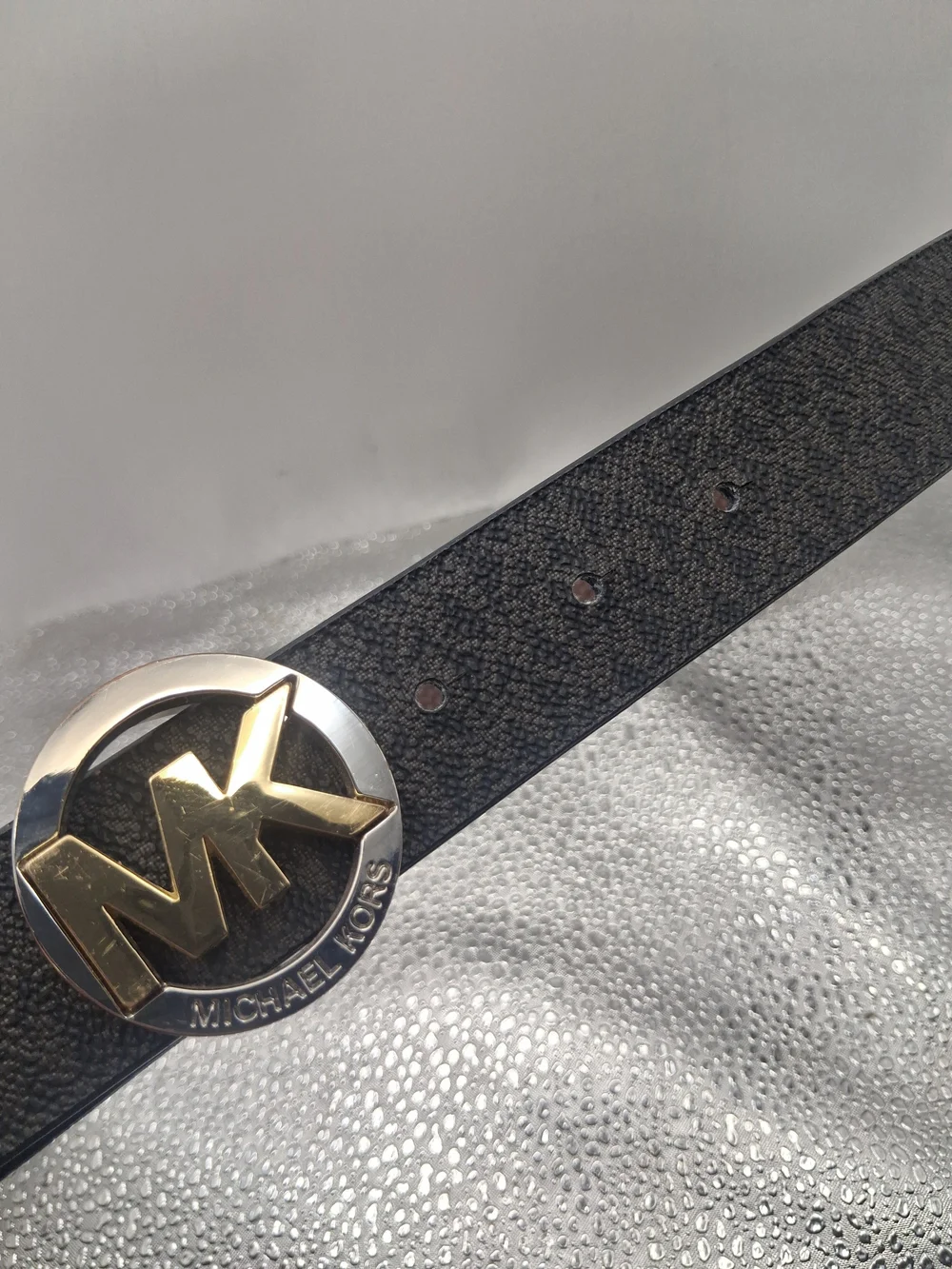Michael Kors Womens Black Leather Belt with Gold MK Logo Buckle